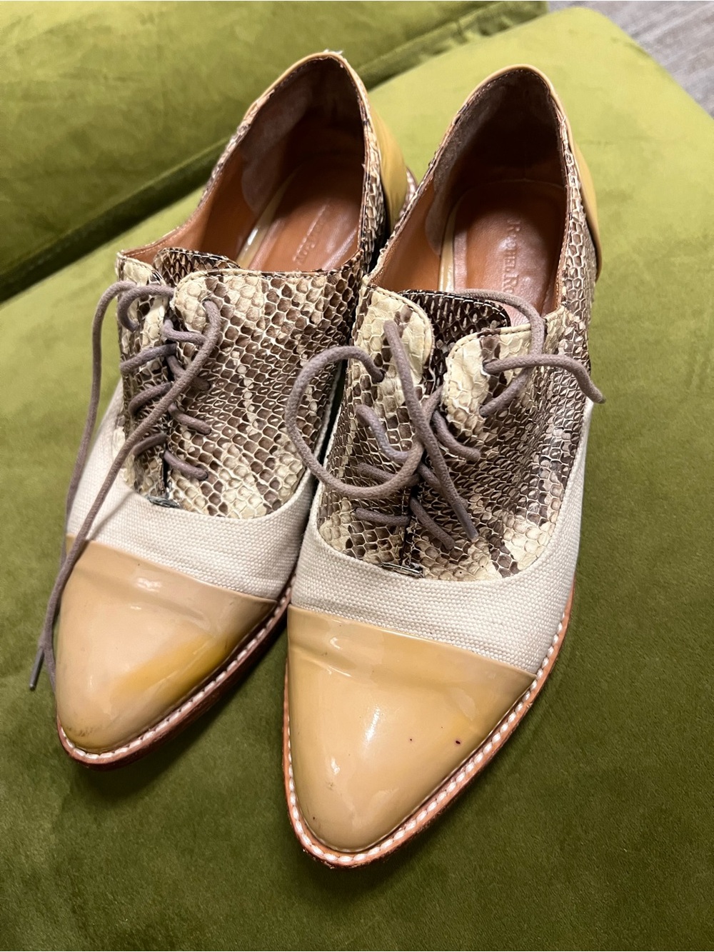 RACHEL Rachel Roy Neutral Snake-Print and Tan Pointed Toe Oxfords
